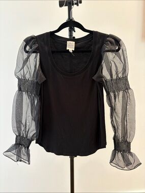 cinq a sept Black Sheer Puff Sleeve Cotton Blouse